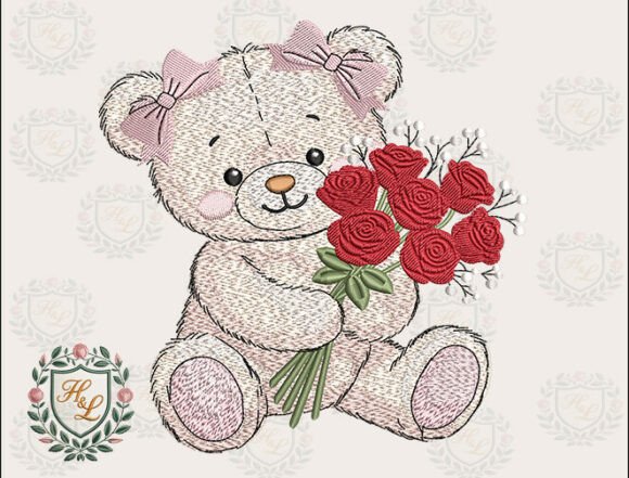 Download Girly Bear Rose Embroidery Files - Rose Collection